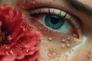 Poster - A close up of a person's eye with a beautiful flower. Perfect for use in beauty, nature, or floral-themed designs