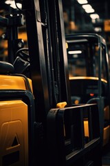 Poster - A row of yellow forklifts in a warehouse. Perfect for illustrating warehouse operations and logistics