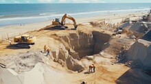 A Construction Site On The Beach With A Bulldozer. Suitable For Illustrating Beach Development Or Coastal Construction Projects