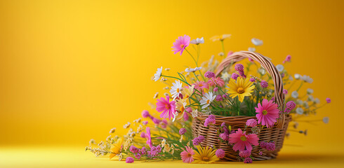 colorful blooming flowers in a basket on a yellow bac