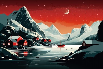 Poster - A serene painting depicting a mountain scene with a boat gently floating in the water. Perfect for nature enthusiasts and those seeking tranquility