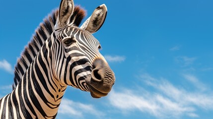 Poster - A close up view of a zebra's face with its distinct black and white stripes, set against a vibrant blue sky. Perfect for wildlife enthusiasts and animal-themed projects