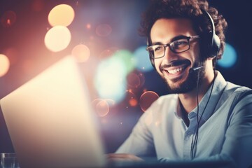 Poster - A man is using a laptop while wearing a headset. This image can be used to represent technology, communication, remote work, or online meetings