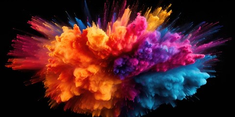 Poster - Vibrant explosion of colored powder on a dark black background. Perfect for adding a pop of color and excitement to any project or design