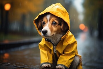 Poster - A picture of a small dog wearing a yellow rain coat. Perfect for showcasing pet fashion or rainy day activities