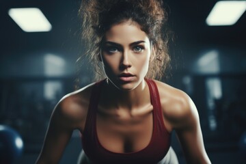 Poster - A woman wearing a red tank top strikes a pose for a photograph. This versatile image can be used in various contexts