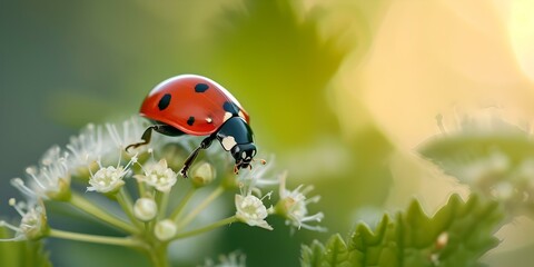 Canvas Print - Vibrant ladybug on a flower bud, nature's beauty in sunlight. close-up, soft focus, perfect for spring themes. AI