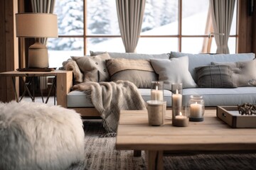 Poster - A warm and inviting living room filled with comfortable furniture and lit candles. Perfect for creating a relaxing atmosphere at home or in a spa