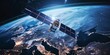 Global communication satellite providing high-speed data network above Europe, orbiting in low Earth orbit. Cutting-edge technology for global communication.