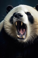 Poster - Close-up view of a panda bear with its mouth open. Perfect for wildlife enthusiasts or educational materials
