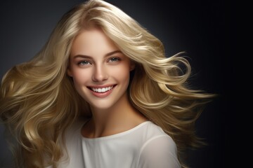 Aufkleber - A woman with long blonde hair smiling at the camera. Suitable for various uses
