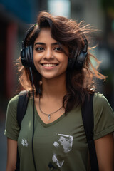 Wall Mural - portrait of a beautiful modern Indian woman wearing headset. woman listening music