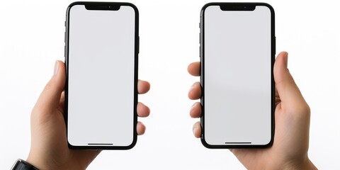 Poster - Hands holding up two Phones. Perfect for technology and communication concepts