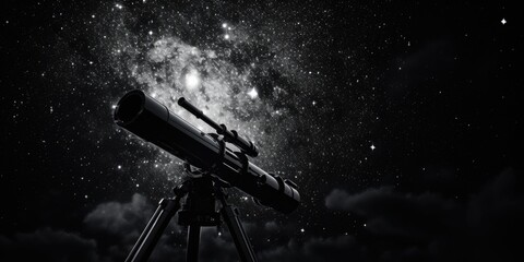 Poster - A black and white photo of a telescope on a tripod. Suitable for scientific and educational purposes