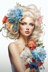 Poster - A woman wearing a beautiful bouquet of flowers in her hair. Perfect for adding a touch of nature and elegance to any design or project