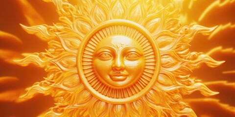 Poster - A golden sun with a face in the middle. Can be used for various design projects