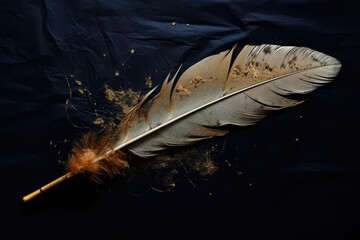 Poster - A feather resting on the ground. Perfect for nature-themed projects or as a symbol of lightness and delicacy