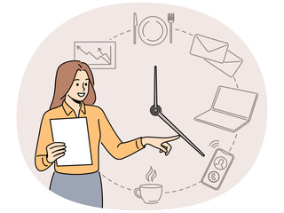 Smiling businesswoman with clock pointing at different activities. Happy female employee or worker engaged in time management. Vector illustration.