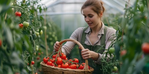 Canvas Print - A young woman harvesting ripe tomatoes in a greenhouse. organic farming. healthy lifestyle. stock image for nutrition and gardening. AI