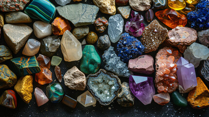  An artistic flat lay of rocks and minerals.