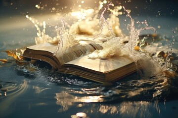 Poster - An open book gently floating on the surface of a calm body of water. This serene image can be used to represent tranquility and relaxation.