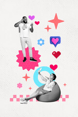 Poster - vertical collage picture of black white colors girl sit beanbag make selfie send air kiss guy painte