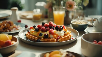 Poster - Delicious waffles topped with a variety of fresh fruits. Perfect for a breakfast or brunch setting