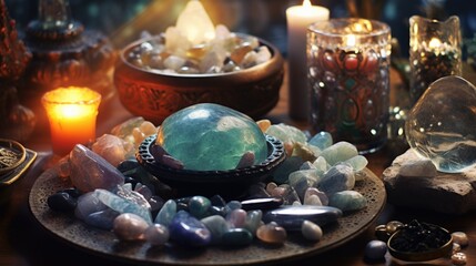 Poster - A collection of various types of crystals displayed on a table. Perfect for crystal enthusiasts or those interested in natural healing and spirituality