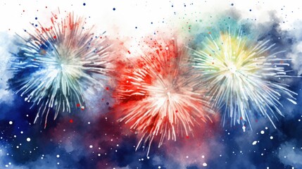 Poster - Colorful fireworks lighting up the night sky in a beautiful watercolor painting. Perfect for adding a festive touch to any project or celebration