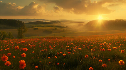Wall Mural - Beautiful field with orange cosmos flowers against the setting sun.