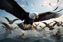 A Captivating Image Of A Magnificent Eagle In Flight Over A Serene Body Of Water. Perfect For Nature Enthusiasts And Wildlife Lovers.