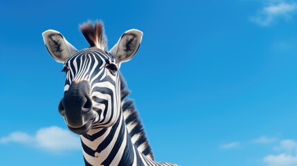 Poster - A close-up shot of a zebra's face with its distinctive black and white stripes against a vibrant blue sky. Perfect for wildlife enthusiasts and nature lovers