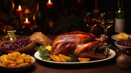 A turkey is sitting on a plate next to other dishes of food. Perfect for Thanksgiving or holiday meal concepts