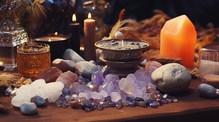 Poster - A collection of various crystals arranged on a table. Perfect for home decor or crystal enthusiasts