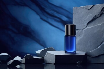 Poster - A bottle of perfume sitting on a rock. This image can be used for beauty or fragrance-related designs