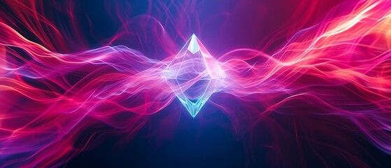 Wall Mural - A dynamic abstract background with a neon diamond shape in the middle, radiating energy waves on a fluid, gradient surface