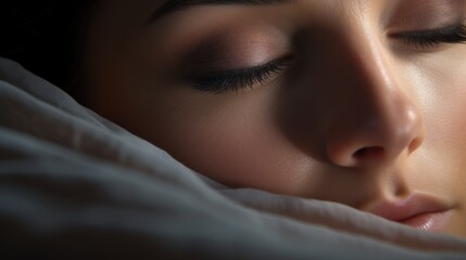 Aufkleber - A close-up image of a woman peacefully sleeping with her eyes closed. This picture can be used to depict relaxation, rest, and a peaceful sleep