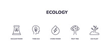 Editable Outline Icons Set. Thin Line Icons From Ecology Collection. Linear Icons Included Nuclear Power, Think Eco, Hydro Power, Fruit Tree, Eco Plant