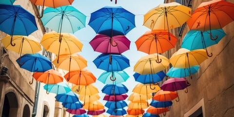 Poster - A bunch of umbrellas hanging from the side of a building. Can be used to illustrate protection, shelter, or rainy weather