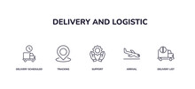 Editable Outline Icons Set. Thin Line Icons From Delivery And Logistic Collection. Linear Icons Included Delivery Scheduled, Tracking, Support, Arrival, Delivery List