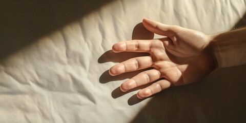 Poster - A person holding their hand out on a bed. Suitable for various concepts and themes
