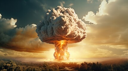 Poster - A colossal mushroom cloud fills the sky, depicting a devastating explosion. This image can be used to illustrate the destructive power of nuclear weapons or the aftermath of a catastrophic event.
