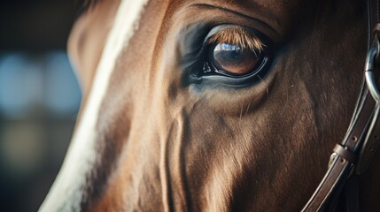 Poster - A close-up view of a horse's eye with a bridle. This image can be used to depict the beauty and elegance of horses, as well as the connection between humans and animals