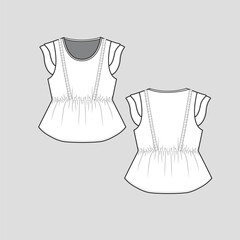 Ruffles Frill Gathering top Crew neck waist elastic Gathering tiered ruffle sleeve detail Fashion t shirt top blouse Tee Flat Sketch Technical Drawing Template Vector Design