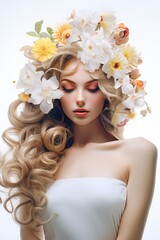 Poster - A woman with flowers in her hair, perfect for nature-themed designs or bohemian-inspired projects