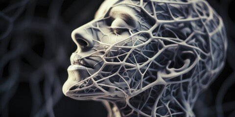 Poster - Person's head with wire mesh covering. Suitable for themes related to protection, confinement, or anonymity