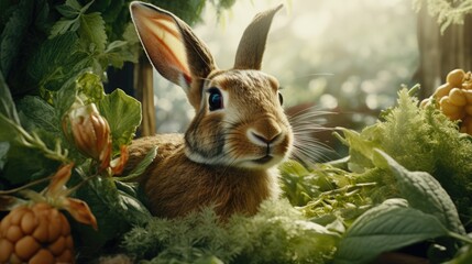 Poster - A rabbit calmly sitting in the middle of a garden. This picture can be used to represent tranquility and nature