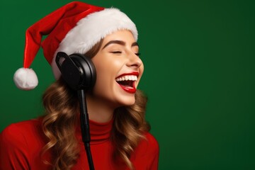 Canvas Print - A woman wearing headphones and a Santa hat. Perfect for holiday-themed projects and Christmas promotions