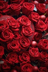 Poster - A bunch of red roses beautifully arranged in a heart shaped box. Perfect for romantic occasions or expressing love