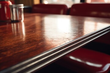 Poster - Close up of a wooden table with red chairs. Perfect for home decor or restaurant interior design